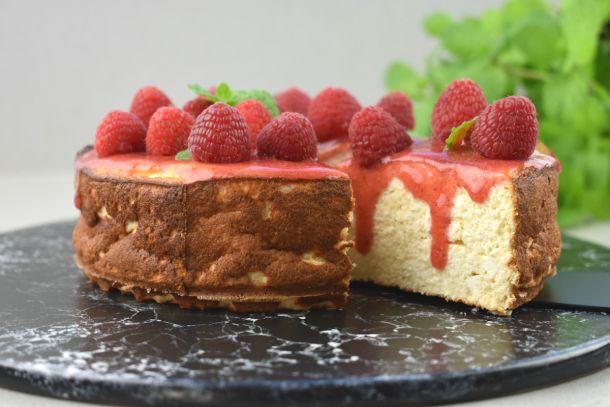 tarta de requesón y frambuesas